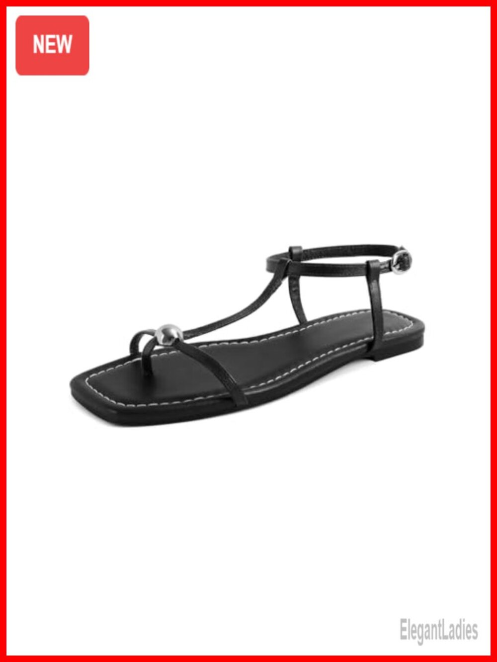 Strappy Flat Sandals with Ankle Straps Square Toe Thong Flip Flops Faux Leather